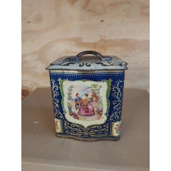 Vintage Tin: Courting Couple with Navy Blue and gold tin with lid - Picture 1 of 6